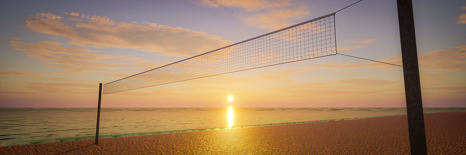 Image d'un filet de volley-ball sur fond de coucher de soleil orange.